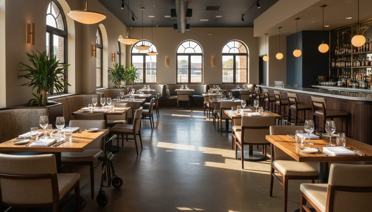 Restaurant dining room with wide aisles between tables