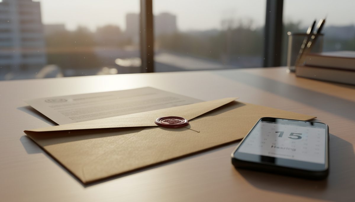 Sealed legal envelope and formal notice letter on a desk