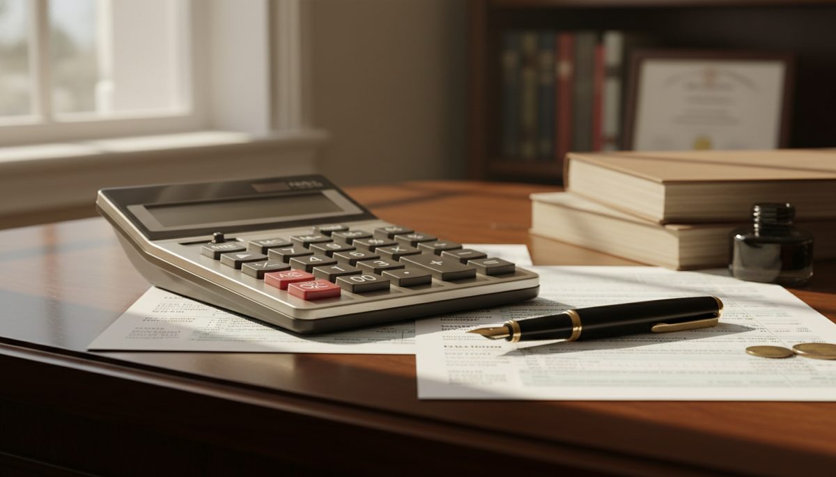 Calculator and tax paperwork with a pen on a wooden desk