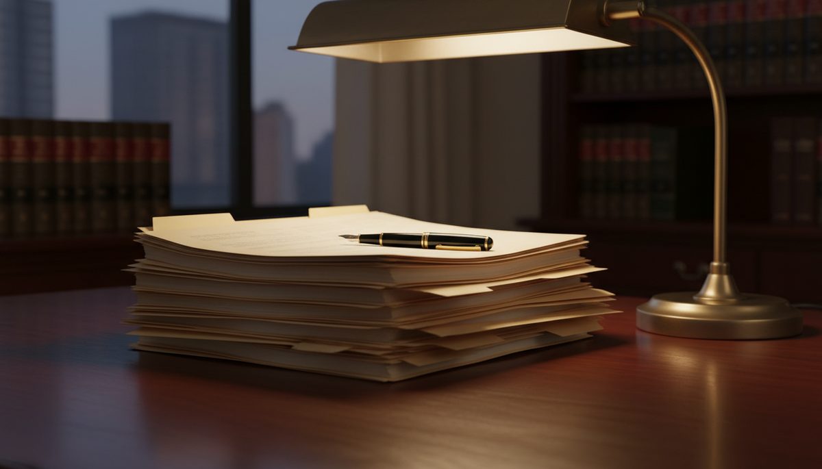 Stack of legal file folders and documents on a law office desk