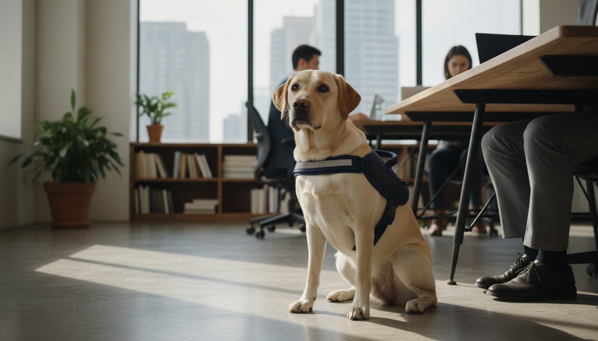Service dog in a working harness beside its handler